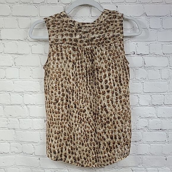 LOFT Petites Cheetah Print Swiss Dot Sheer Sleeveless Blouse Ruffle Pleated Top - Picture 12 of 12